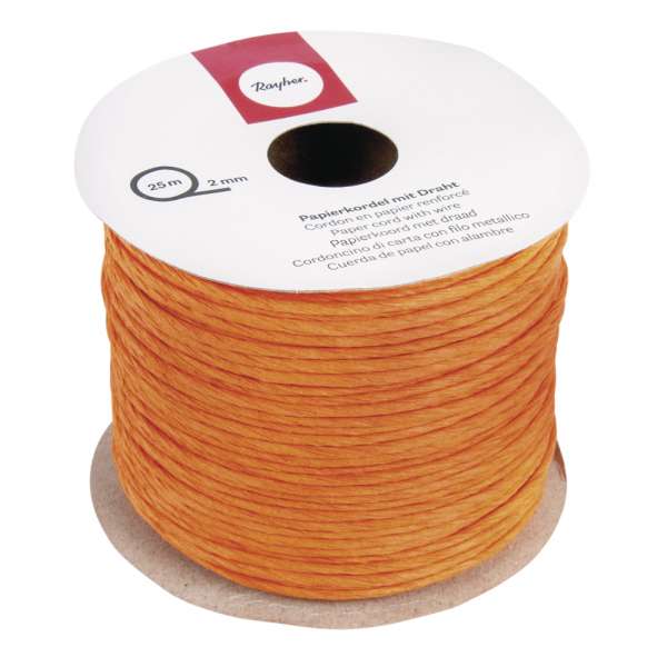 Papierkordel und Draht, orange, Rolle 25 m